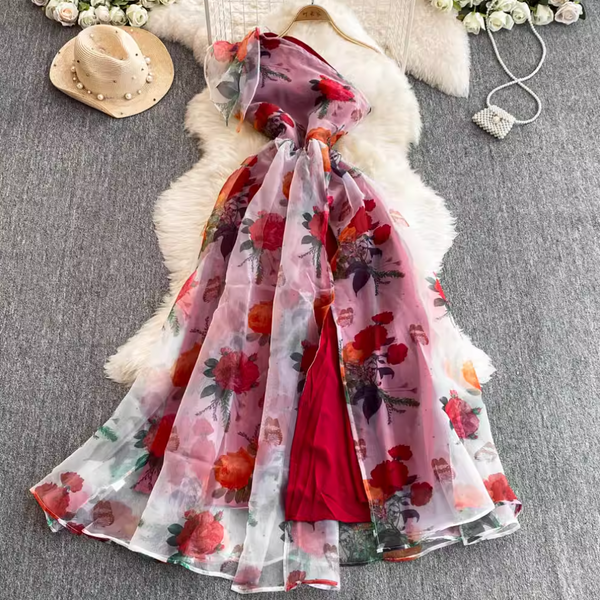 Slant Neckline Ruffled Floral Dress