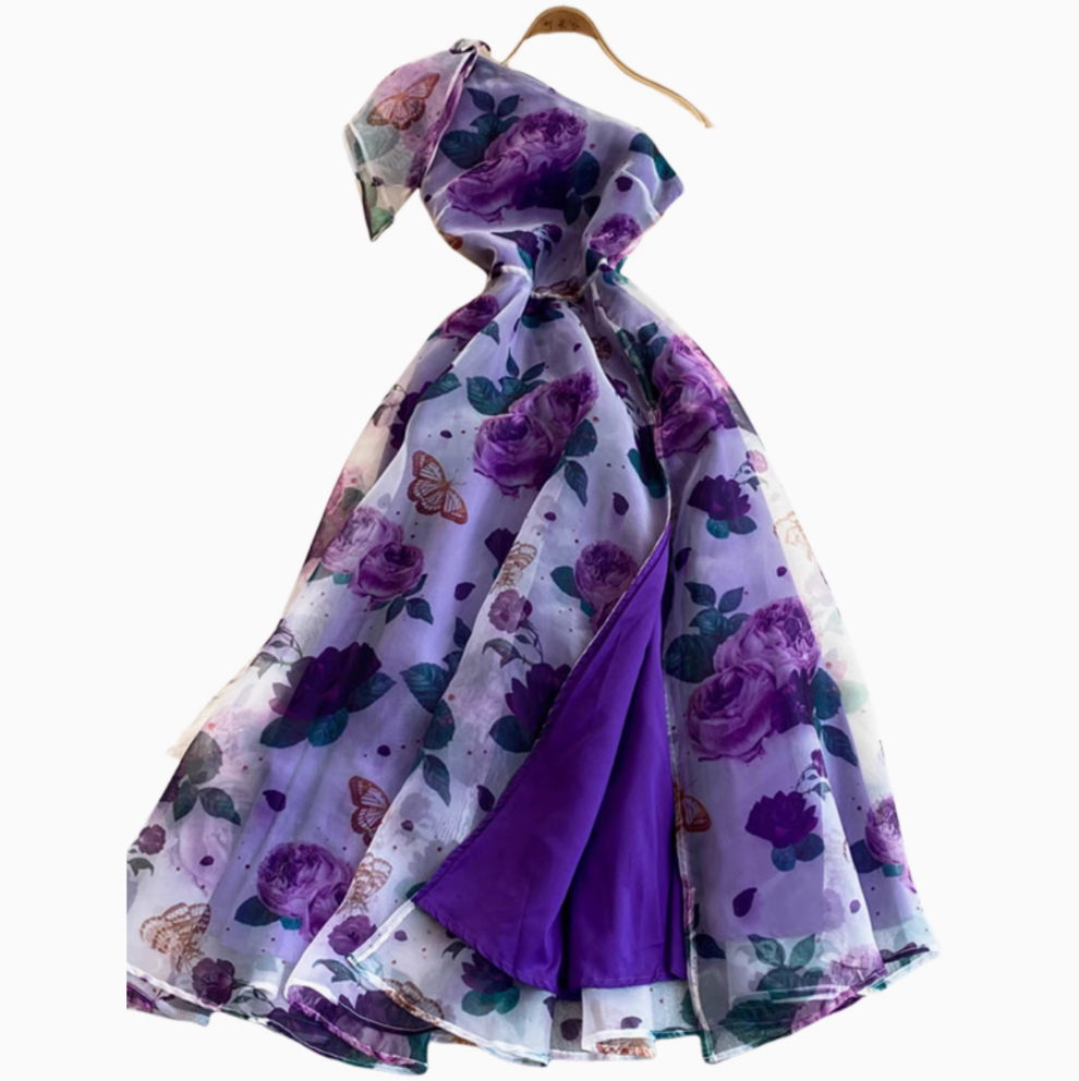 Slant Neckline Ruffled Floral Dress