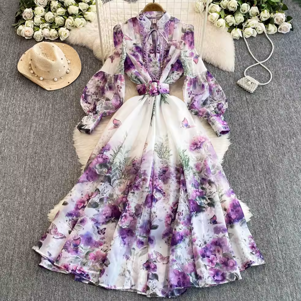 Flared Sleeve Floral Printed Dress