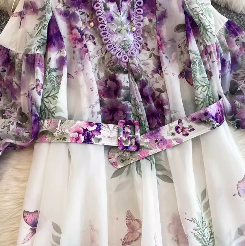 Flared Sleeve Floral Printed Dress