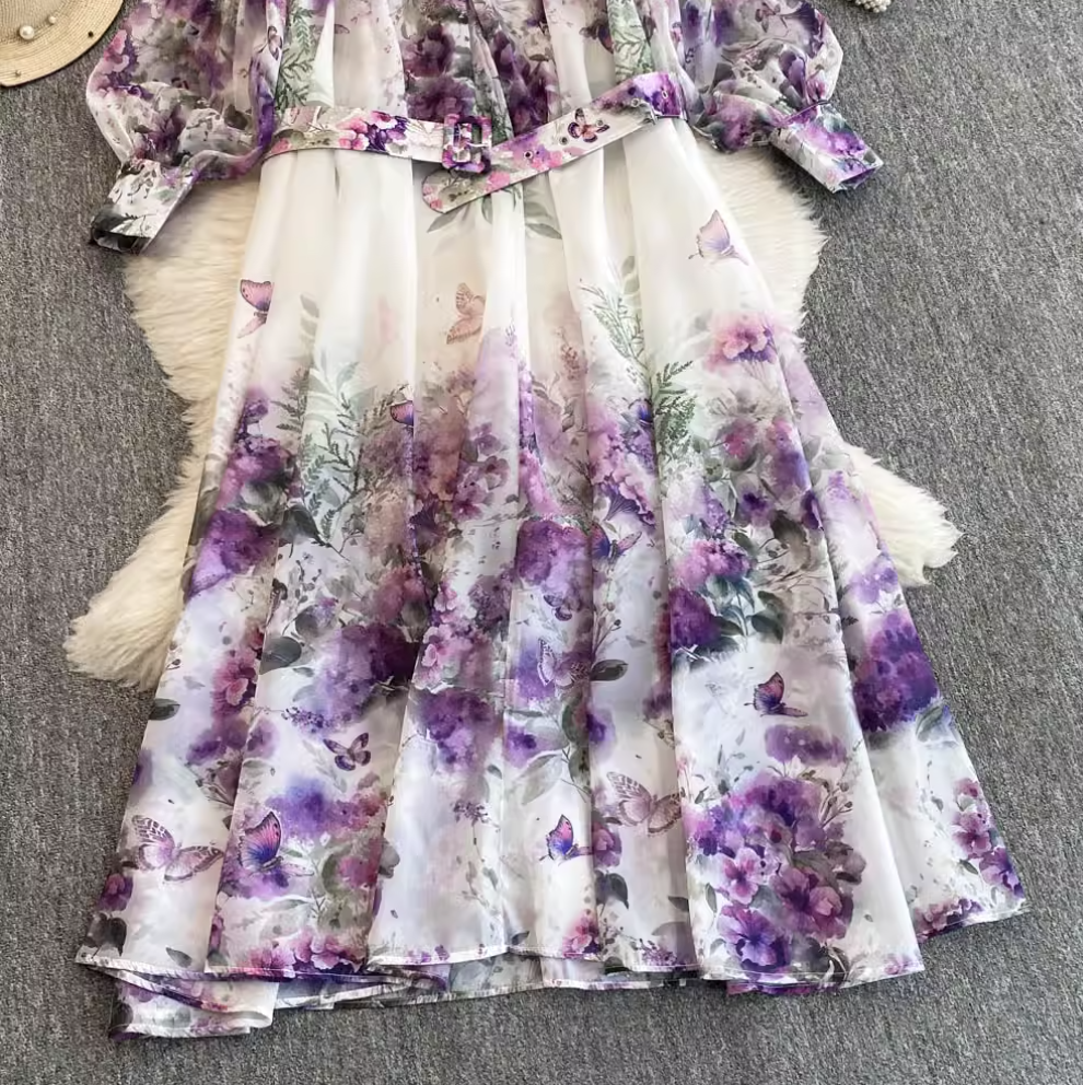 Flared Sleeve Floral Printed Dress