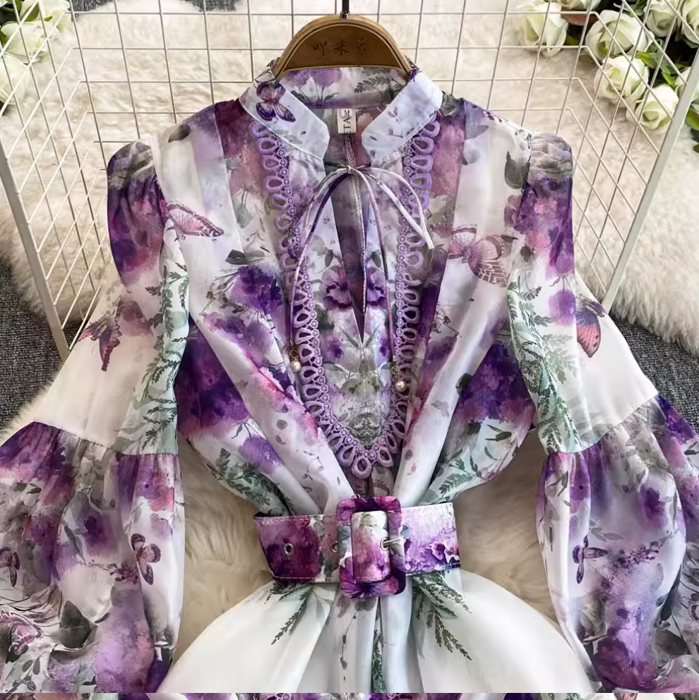 Flared Sleeve Floral Printed Dress