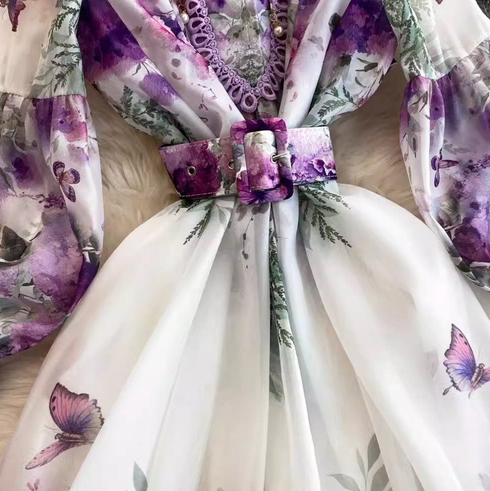 Flared Sleeve Floral Printed Dress