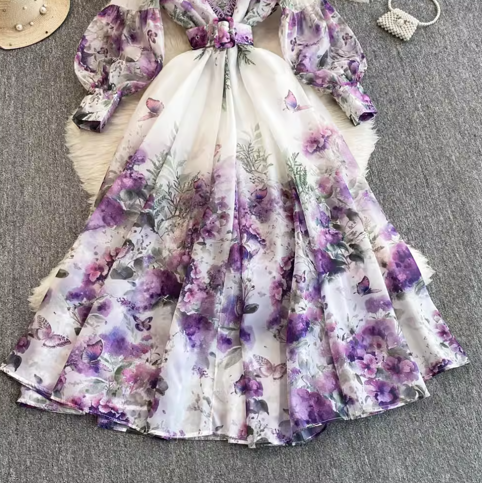 Flared Sleeve Floral Printed Dress