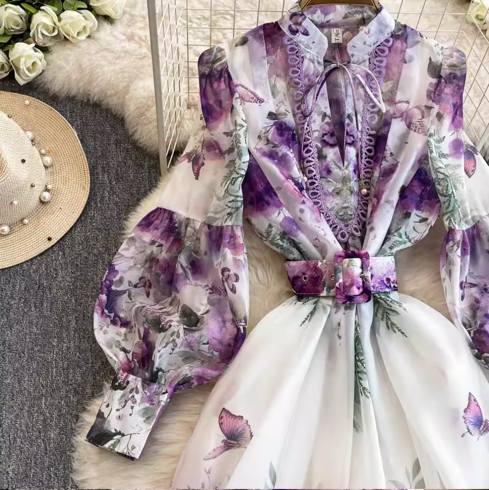 Flared Sleeve Floral Printed Dress