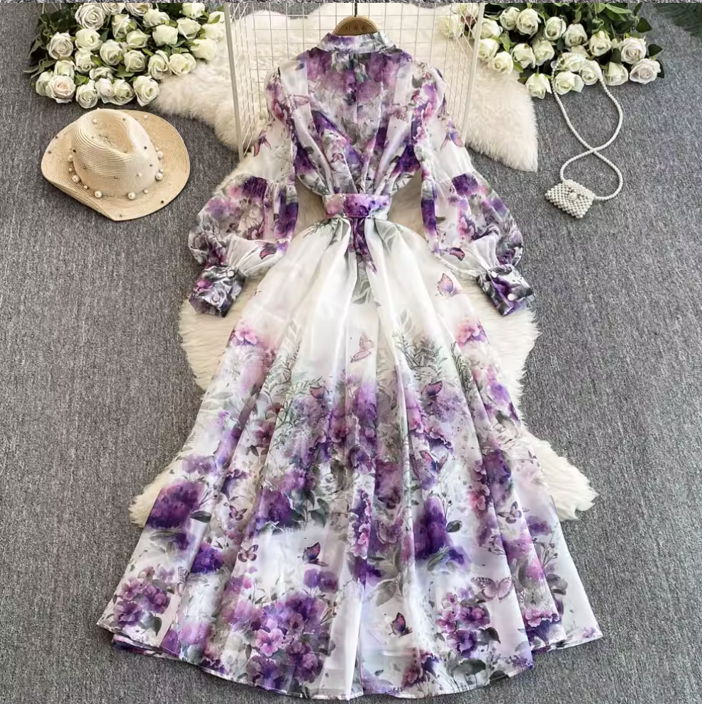Flared Sleeve Floral Printed Dress