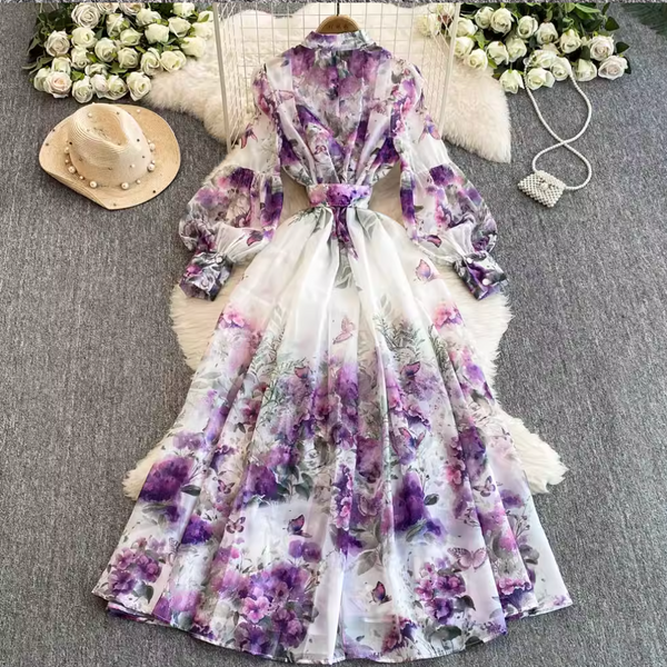Flared Sleeve Floral Printed Dress