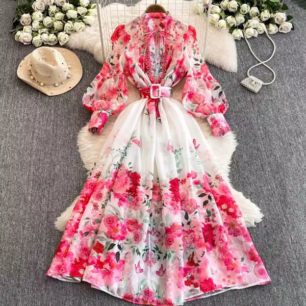 Flared Sleeve Floral Printed Dress
