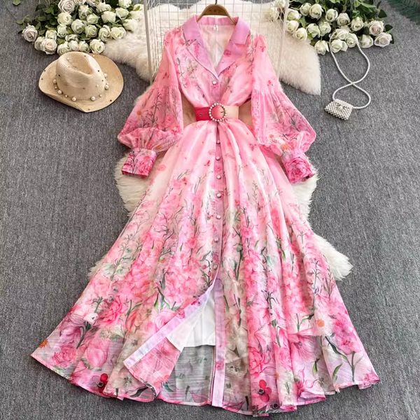 V-neck Floral Printed Dress with Belt