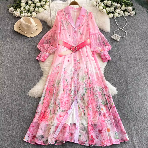 V-neck Floral Printed Dress with Belt
