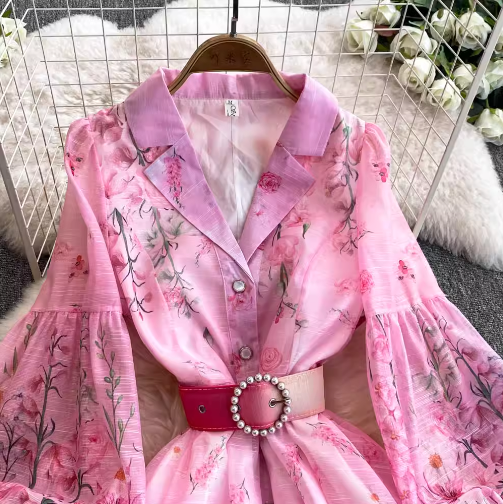 V-neck Floral Printed Dress with Belt