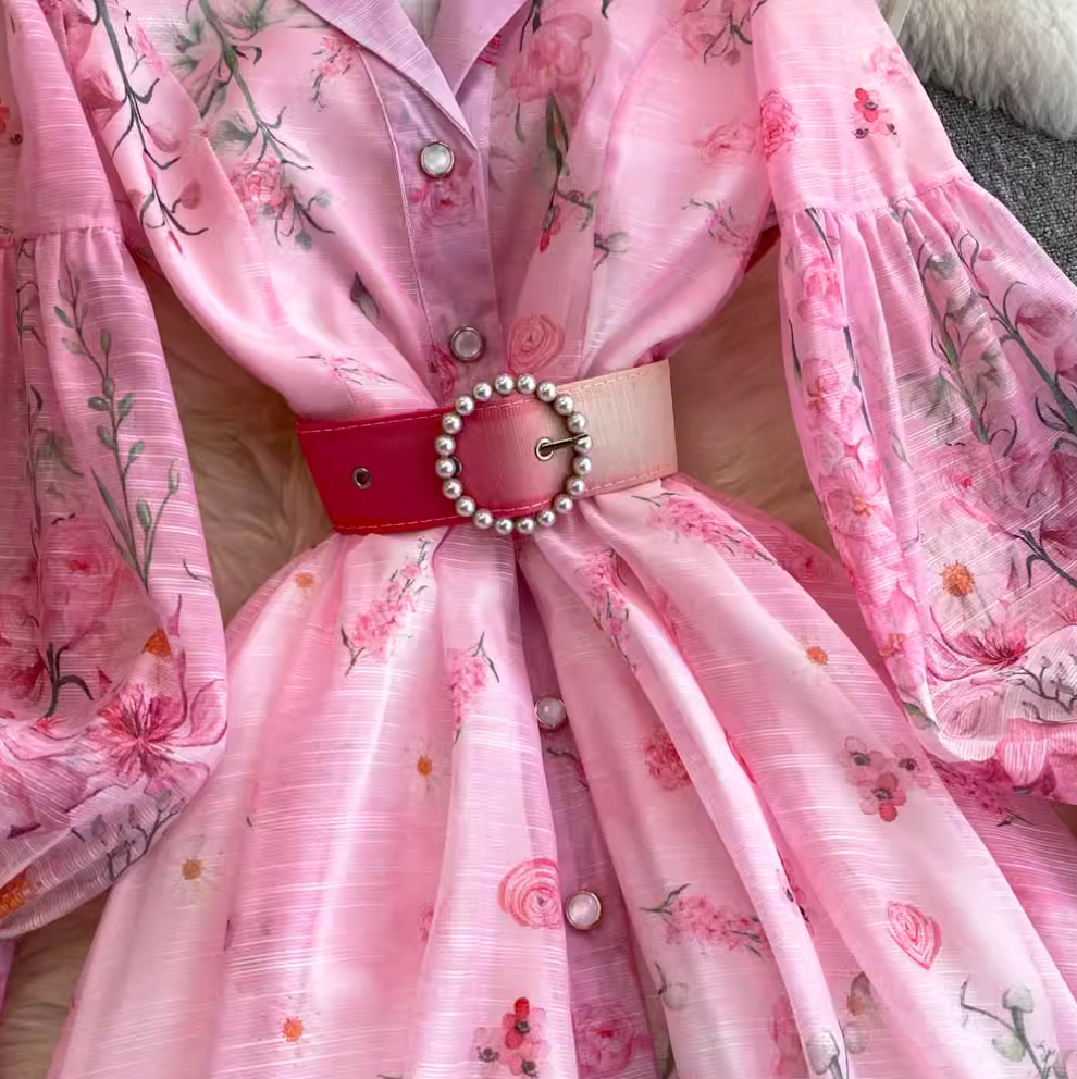 V-neck Floral Printed Dress with Belt