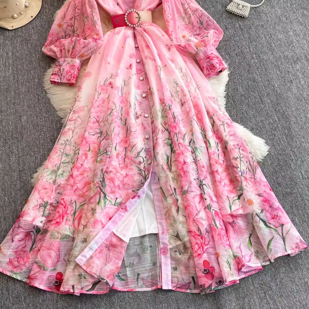 V-neck Floral Printed Dress with Belt