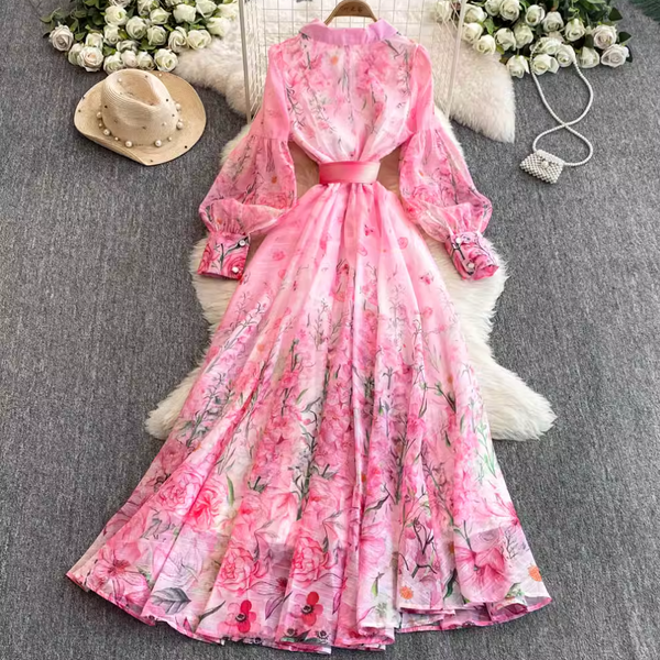 V-neck Floral Printed Dress with Belt