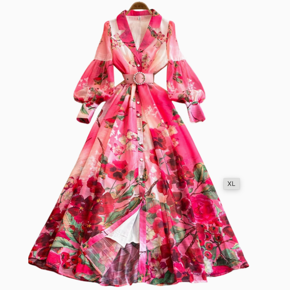 V-neck Floral Printed Dress with Belt