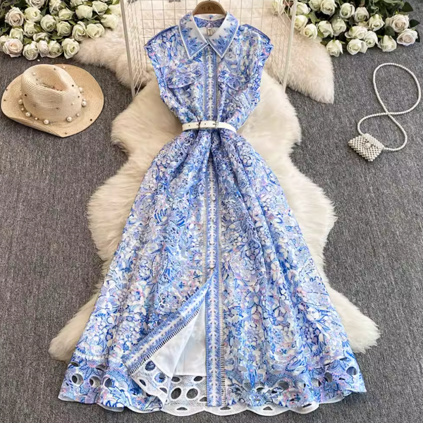 Lapeled Floral Embroidered Sleeveless Dress