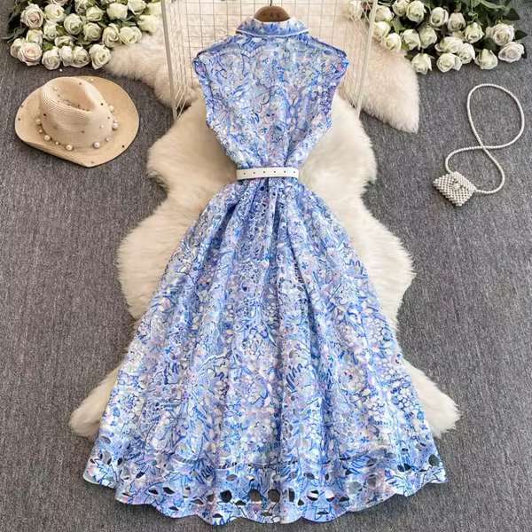 Lapeled Floral Embroidered Sleeveless Dress