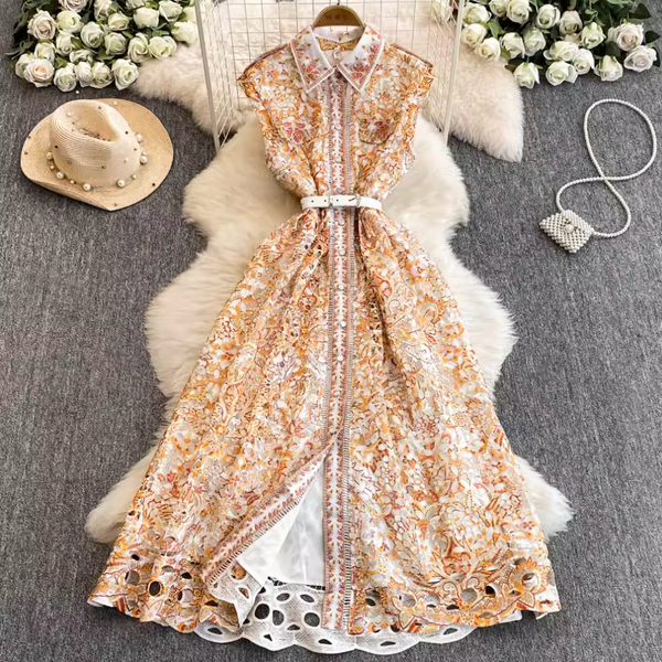 Lapeled Floral Embroidered Sleeveless Dress