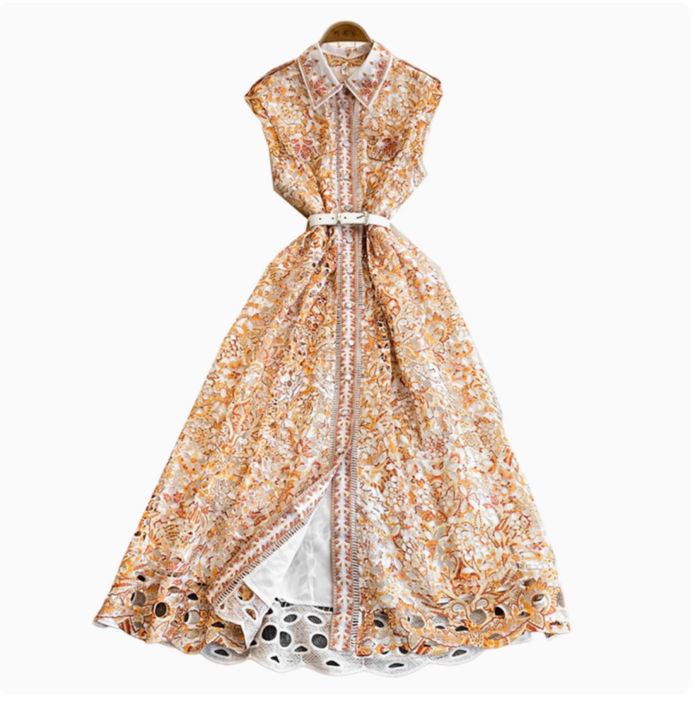 Lapeled Floral Embroidered Sleeveless Dress