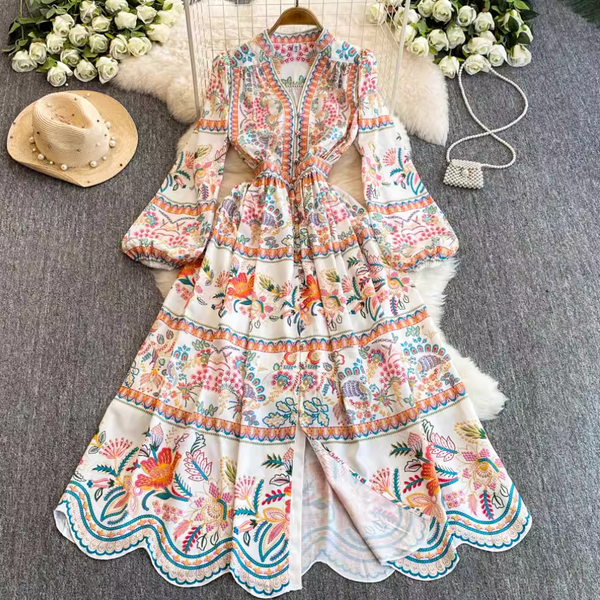 Courtly V-neck Floral Printed Dress
