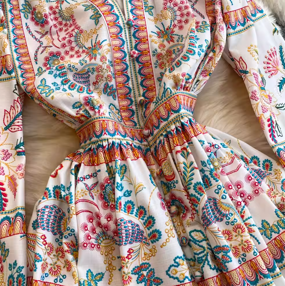 Courtly V-neck Floral Printed Dress