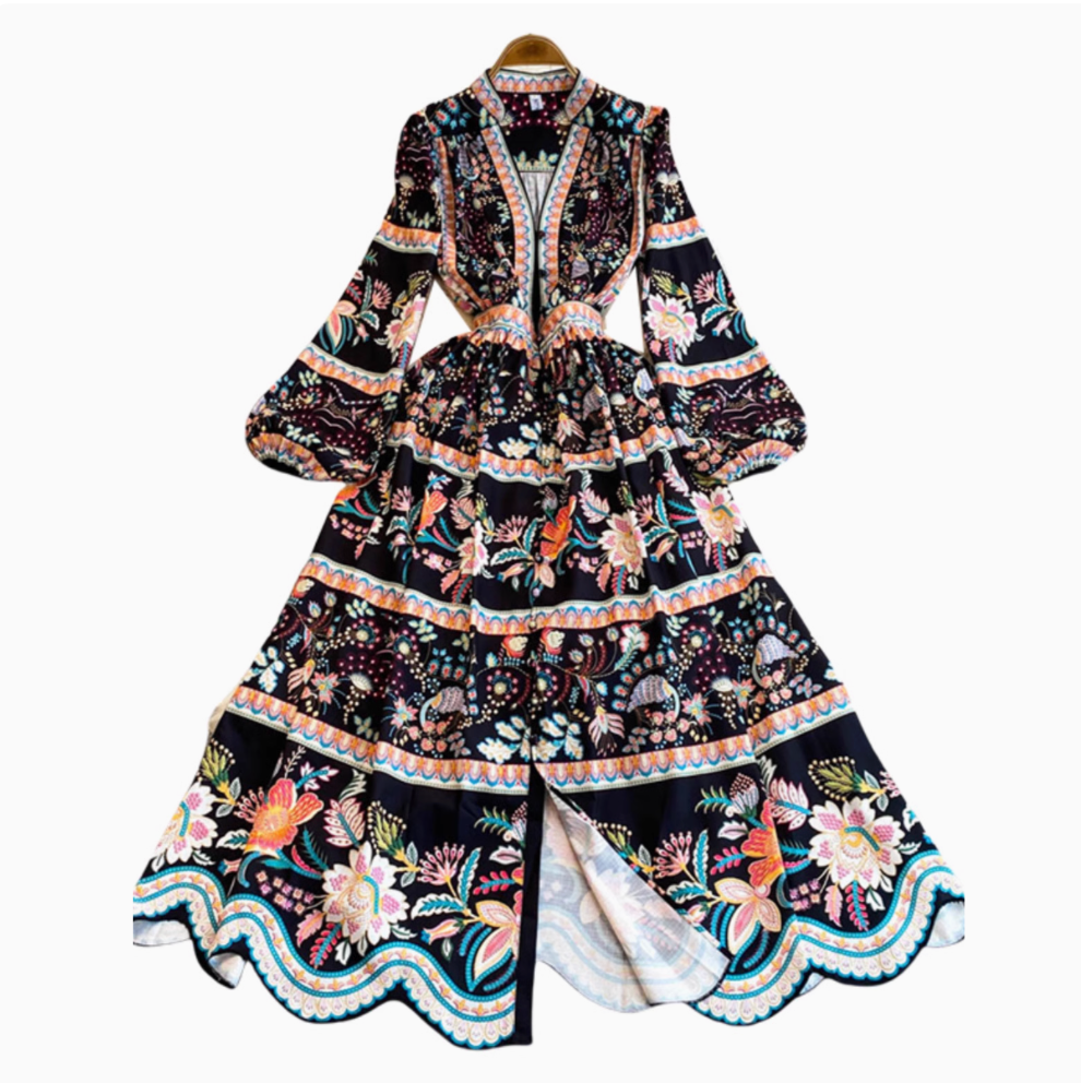 Courtly V-neck Floral Printed Dress