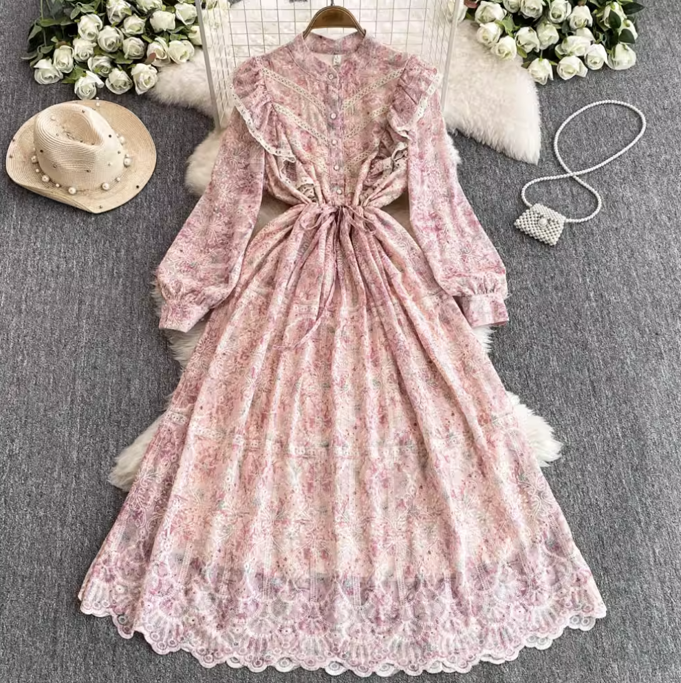 Courtly Embroidered Pink Floral Dress