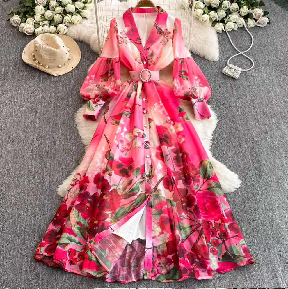 V-neck Floral Printed Dress with Belt