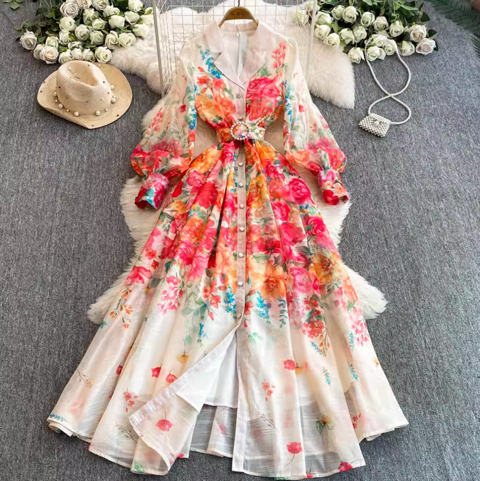 V-neck Floral Printed Dress with Belt