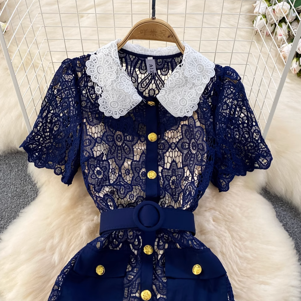 Doll Collar Hollowed Lace Dress