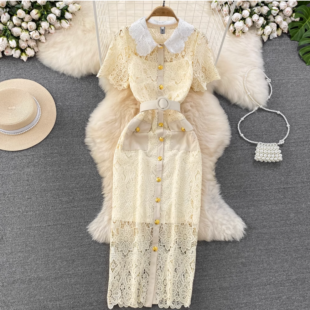 Doll Collar Hollowed Lace Dress