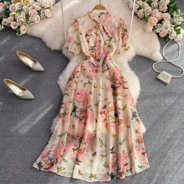Vintage Bow-tie Floral Chiffon Dress