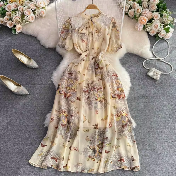 Vintage Bow-tie Floral Chiffon Dress