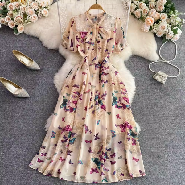Vintage Bow-tie Floral Chiffon Dress