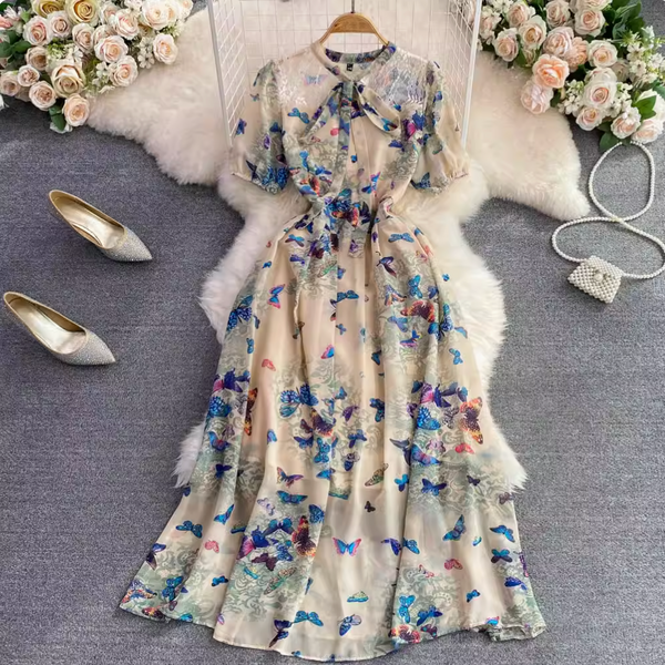 Vintage Bow-tie Floral Chiffon Dress
