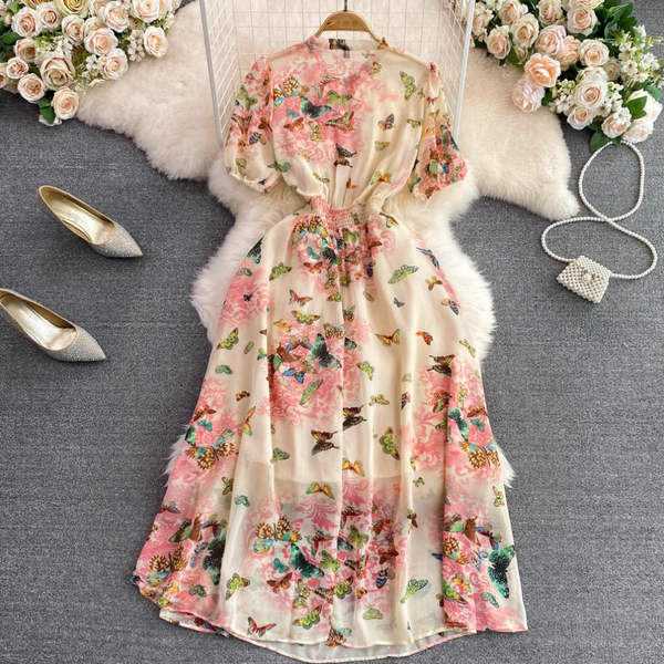Vintage Bow-tie Floral Chiffon Dress