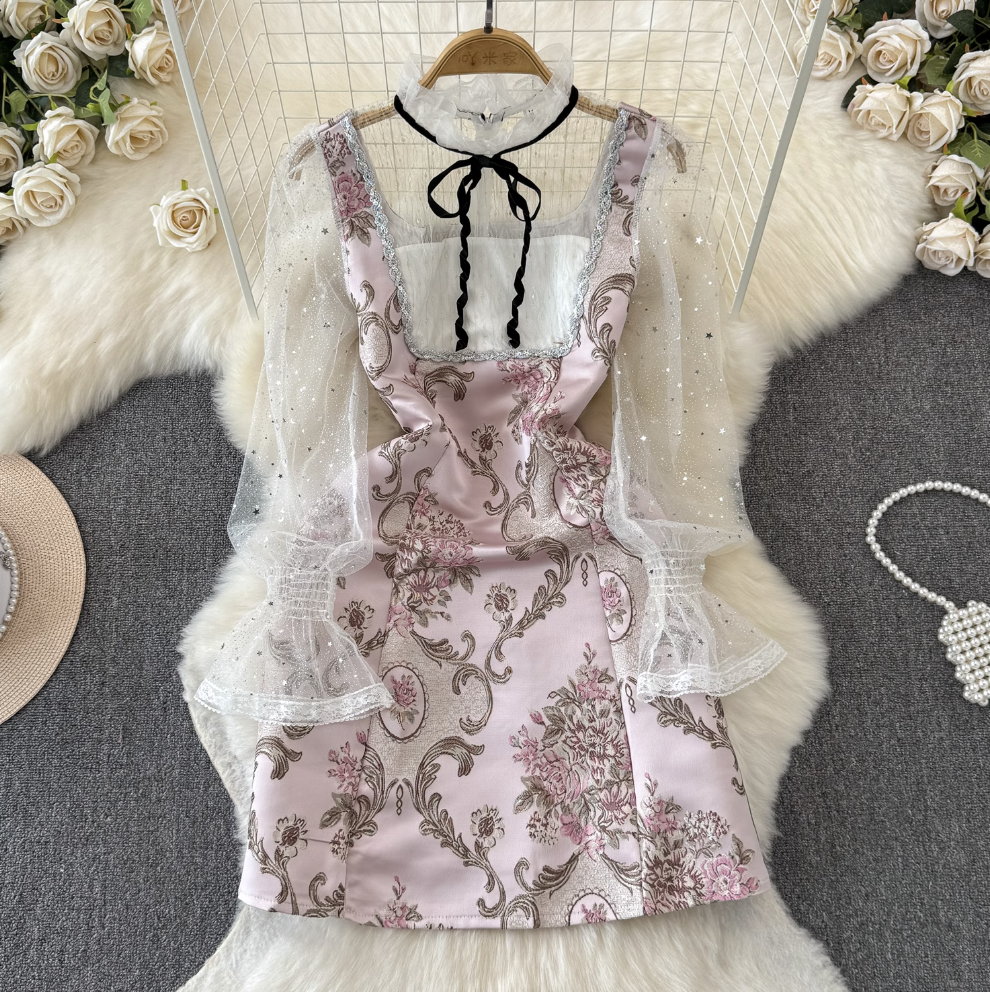 Sequined Jacquard Mesh Patchwork Dress