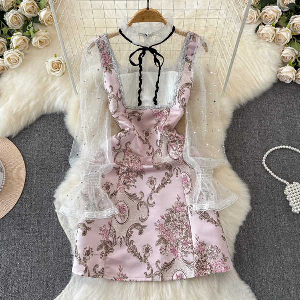 Sequined Jacquard Mesh Patchwork Dress