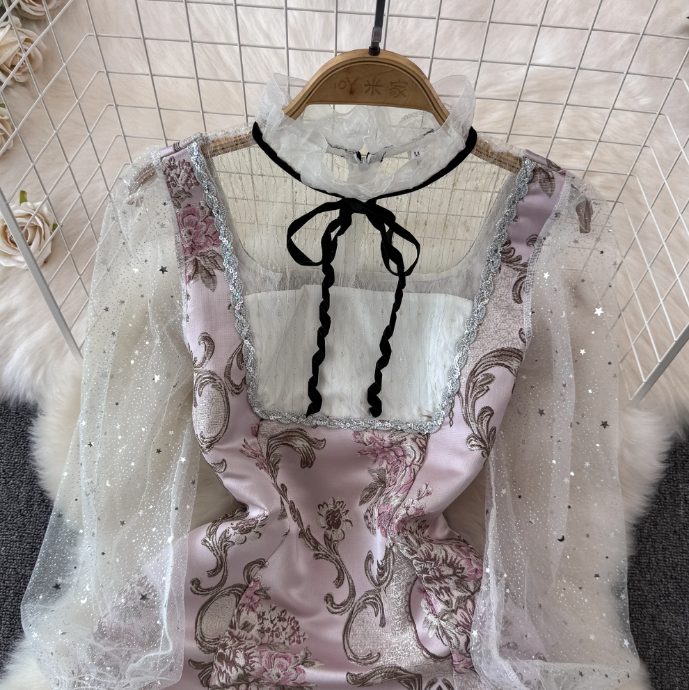 Sequined Jacquard Mesh Patchwork Dress