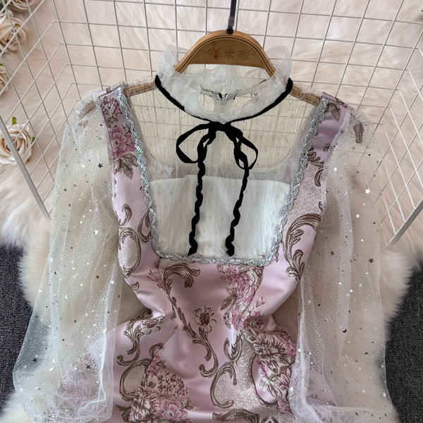 Sequined Jacquard Mesh Patchwork Dress