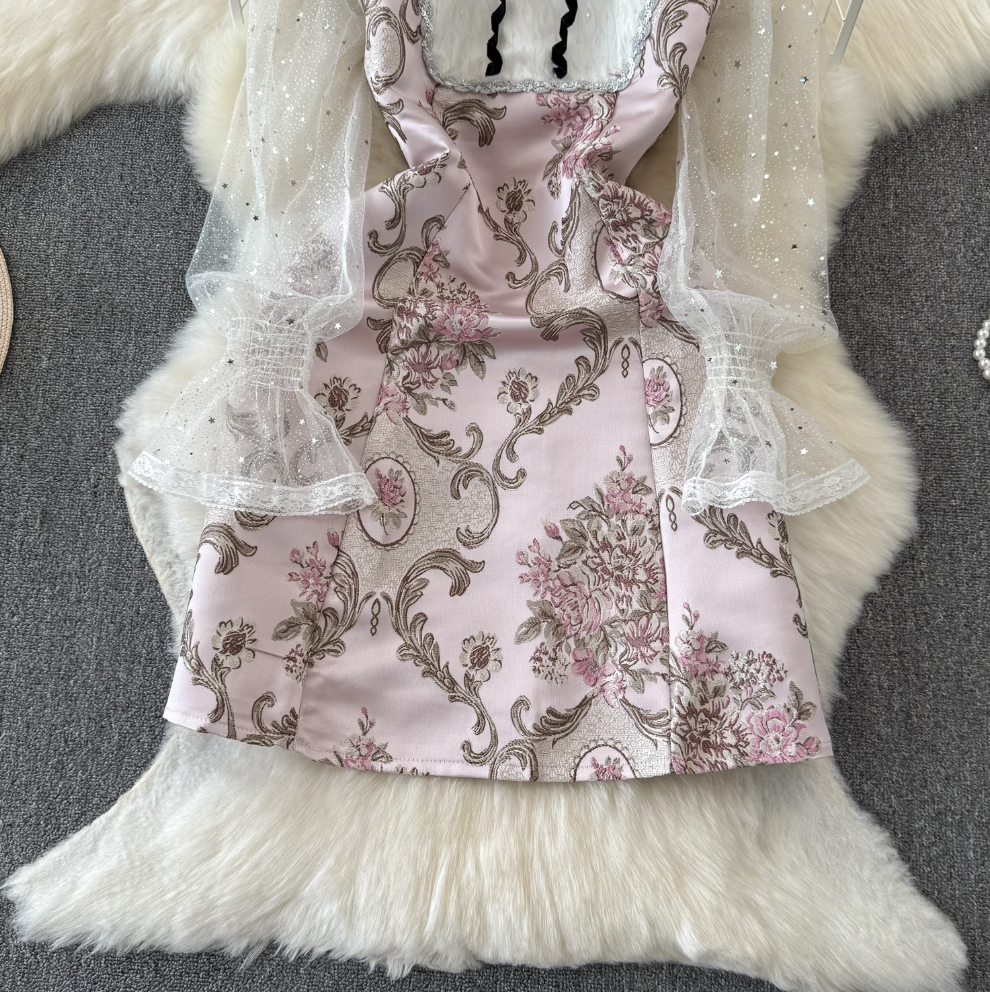 Sequined Jacquard Mesh Patchwork Dress