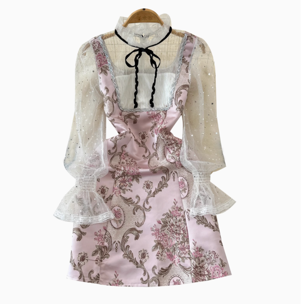 Sequined Jacquard Mesh Patchwork Dress
