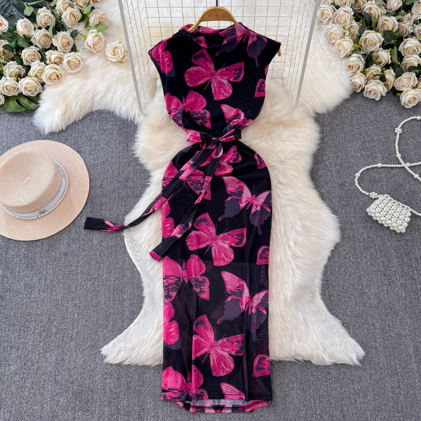 Draped Neckline Sleeveless Floral Dress