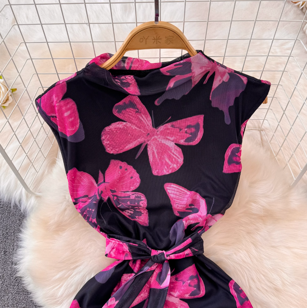 Draped Neckline Sleeveless Floral Dress