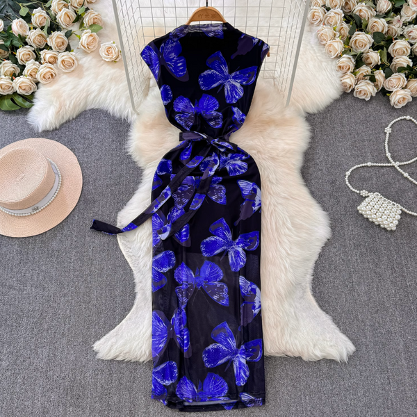 Draped Neckline Sleeveless Floral Dress