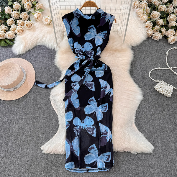 Draped Neckline Sleeveless Floral Dress