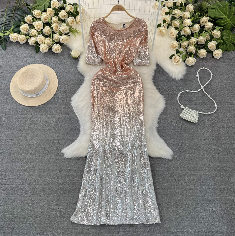 Gradient Color Sequined Fishtail Dress