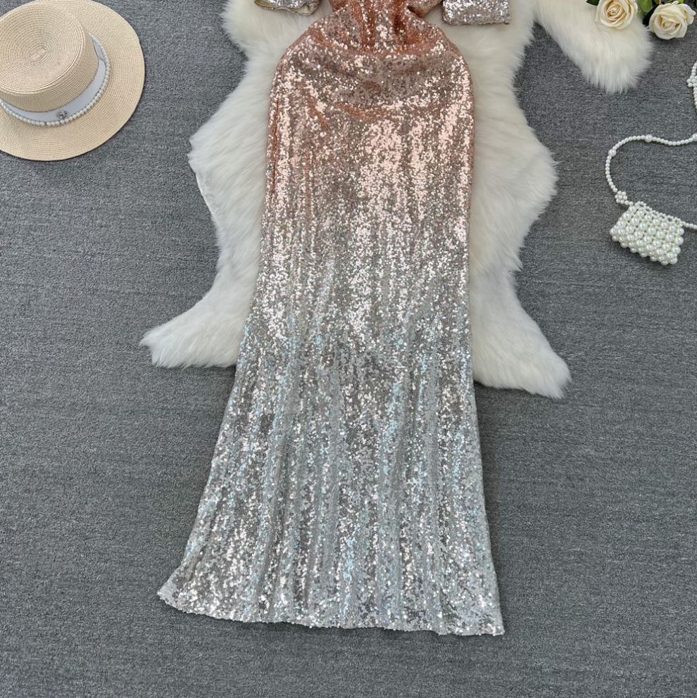 Gradient Color Sequined Fishtail Dress