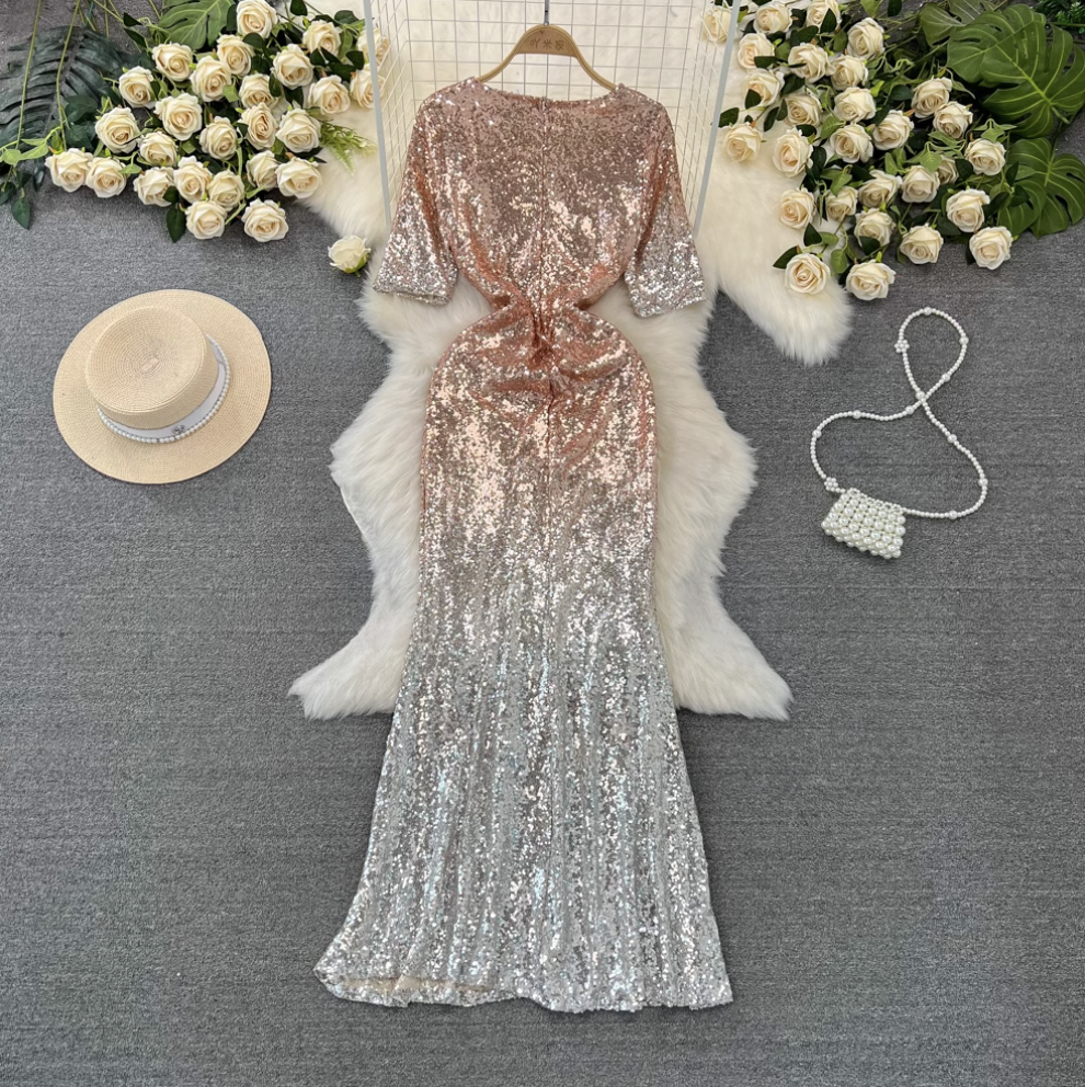 Gradient Color Sequined Fishtail Dress