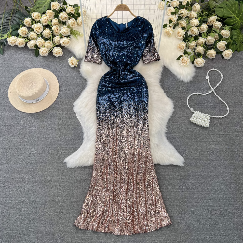 Gradient Color Sequined Fishtail Dress